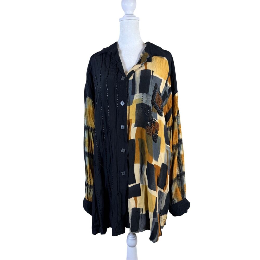 Quirky Button-Up Tunic B.O.P 1X Black Gold Plaid Abstract Patchwork Artsy Boho‎